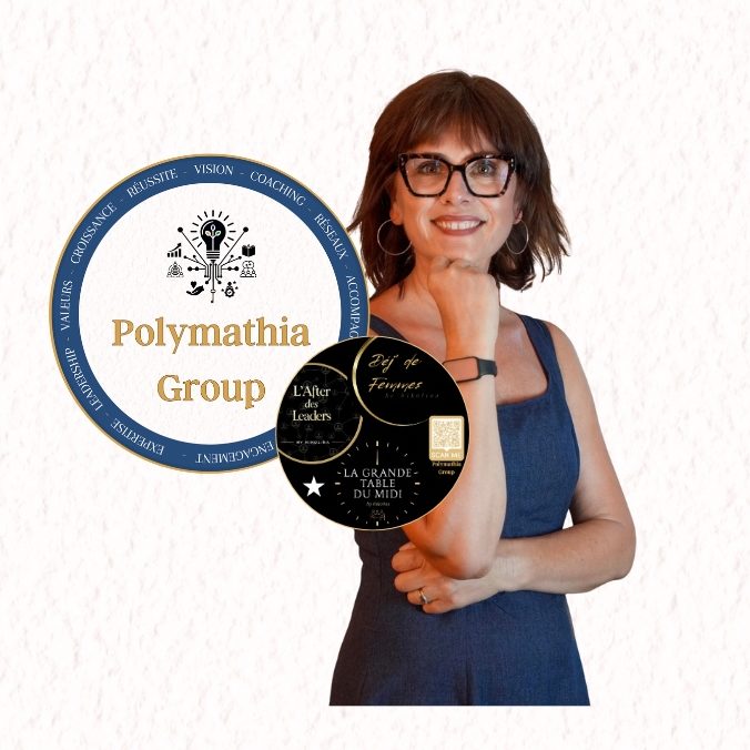 Nikolina Popovski à côté des logos Polymanthia Group, Déj' de Femmes, L'After des Leaders et La Grande Table du Midi