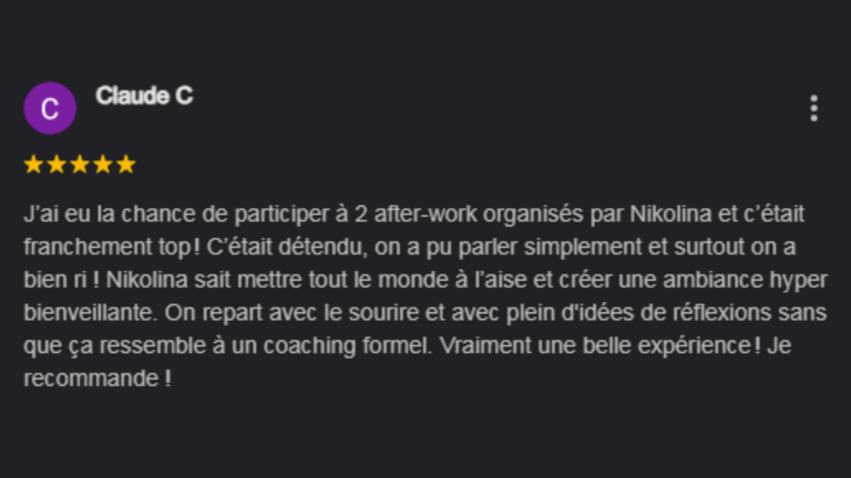 Évaluation positive d'un coaching, soulignant une expérience enrichissante et agréable de Nikolina Popovski pour ses AfterWork des Leaders