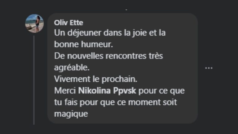 Évaluation positive d'un coaching, soulignant une expérience enrichissante et agréable de Nikolina Popovski pour ses AfterWork des Leaders