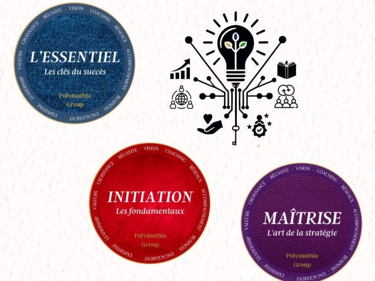 Trois cercles colorés avec "L'Essentiel", "Initiation", et "Maîtrise", entourés d'icônes scientifiques.