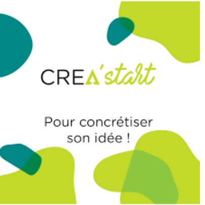 Logo de CREA'start avec le texte "Pour concrétiser son idée !" et des motifs colorés.