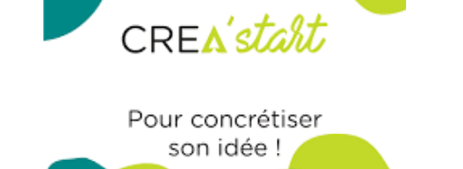 Logo de CREA'start avec le slogan "Pour concrétiser son idée !" sur fond coloré.