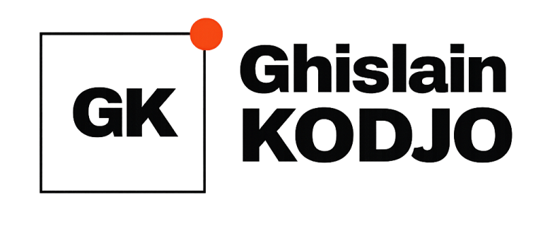 Logo de Ghislain Kodjo avec les initiales GK et une ponctuation graphique.