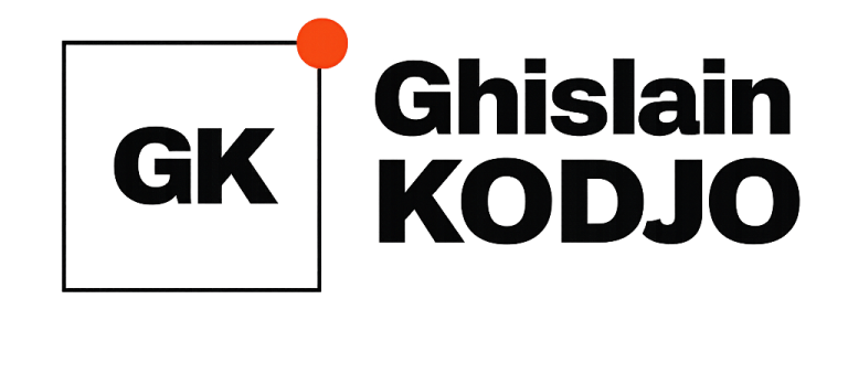Logo de Ghislain Kodjo avec les initiales GK et une ponctuation graphique.