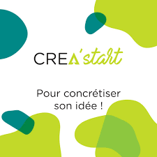 Logo de CREA'start avec le texte "Pour concrétiser son idée !" et des motifs colorés.