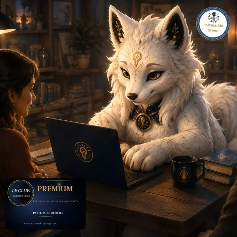 Polyma, mascotte Polymathia Group, sur un ordinateur portable