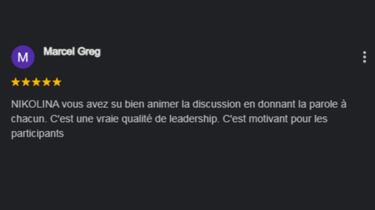Commentaire positif sur une discussion enrichissante et motivante pour les participants lors des After de Leaders de Nikolina Popovski 