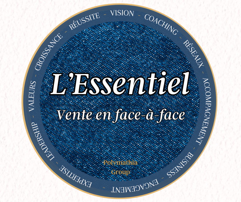 Logo de L'Essentiel, mentionnant "Vente en face à face" dans un design circulaire.