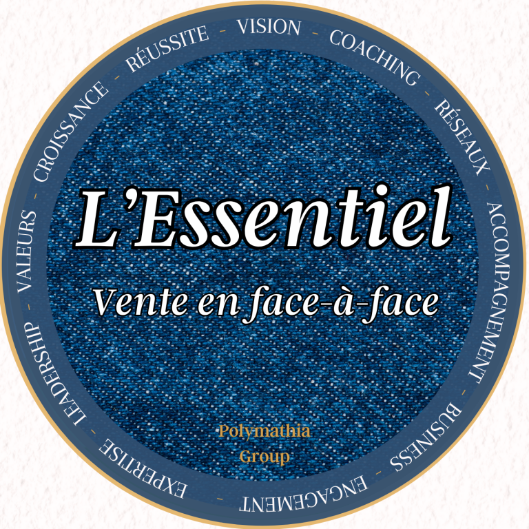 Logo avec le mot "Essentiel" Polymathia Group et des termes liés au coaching et aux valeurs.