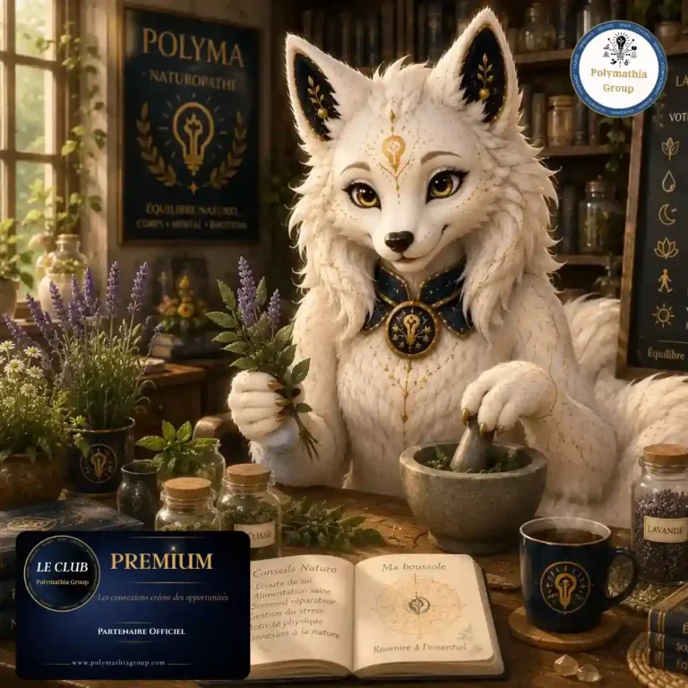 Polyma, mascotte Polymathia Group, en naturopathe dans une herboristerie
