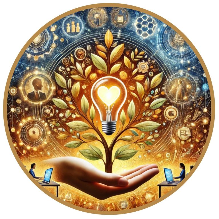 Polymathia Group - Garantie de satisfaction Main dans un arbre avec une ampoule, un cœur, symbolisant la créativité et la technologie.