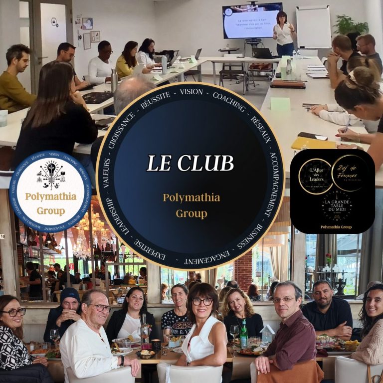 Réunion de groupe autour d'une table avec des participants et des présentations. Logo LE CLUB de Polymathia Group