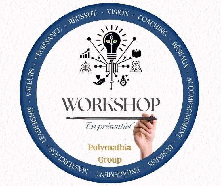 Logo de Polymathia Group pour Workshop en présentiel avec des symboles liés à l'apprentissage et un atelier.