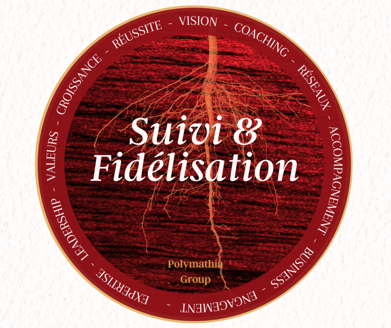 Logo rouge avec le texte "Suivi & Fidélisation" et des éléments circulaires.