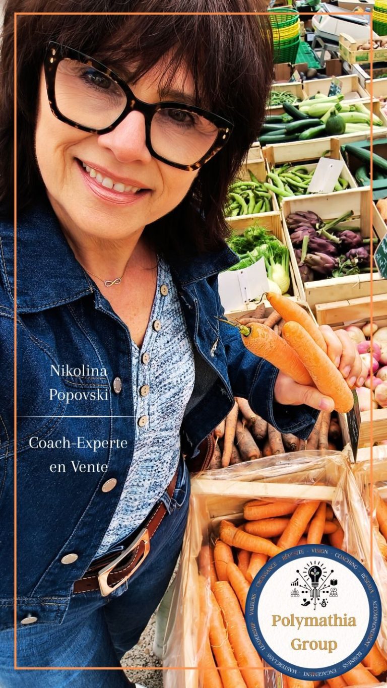 Nikolina Popovski Coach experte en vente , tenant des carottes dans un marché.