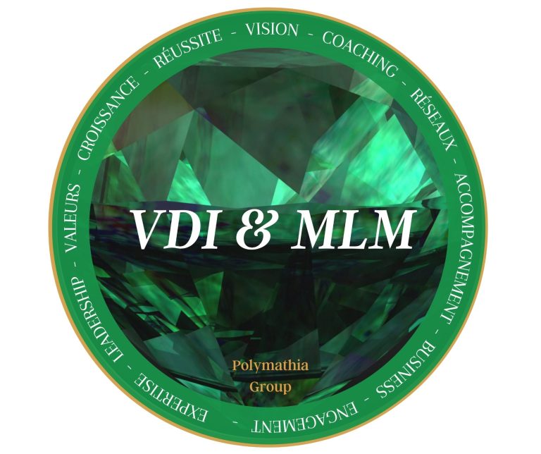 Logo circulaire vert avec "VDI & MLM" au centre, entouré de mots clés en vert émeraude .