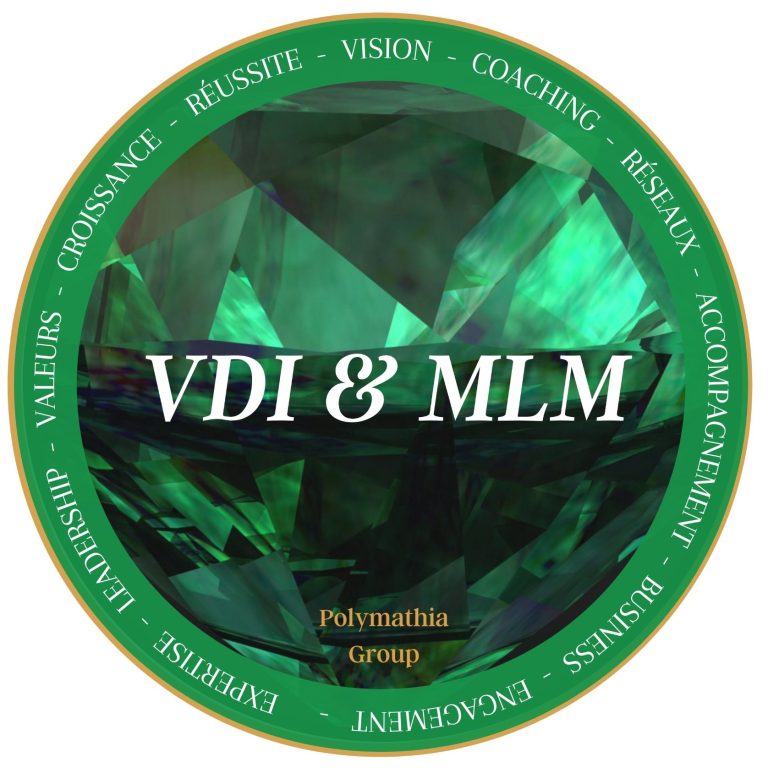 Logo avec le mot "VDI et MLM " Polymathia Group et des termes liés au coaching et aux valeurs.