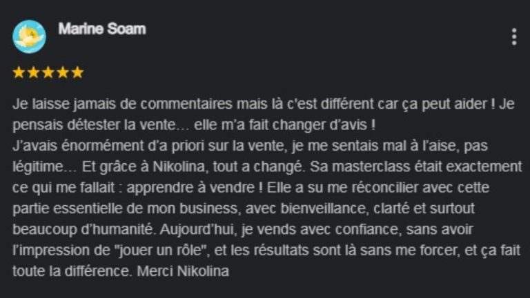 Avis Positif du coach Nikolina Popovski sur Google