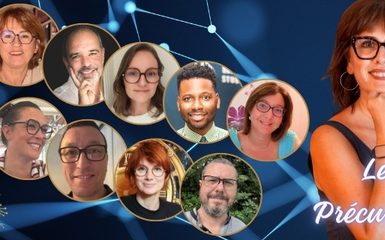Groupe de personnes souriantes sur fond technologique, représentant une communauté dynamique.