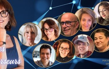 Réseau de visages souriants de divers professionnels sur fond technologique.