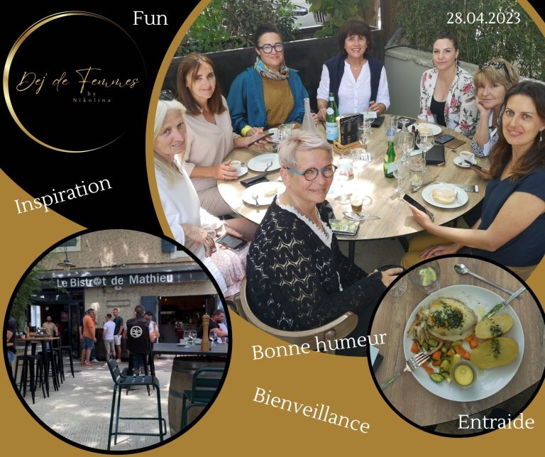 Un groupe de femmes souriantes autour d'une table avec des plats et des boissons.
