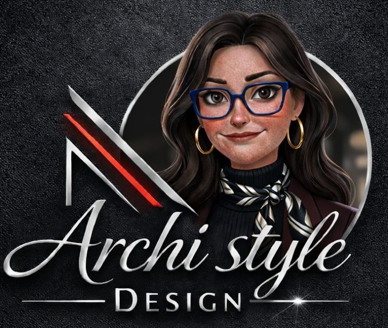 Logo Partenaire Femme souriante avec lunettes, stylisée, portant un foulard, logo "Archi style Design".