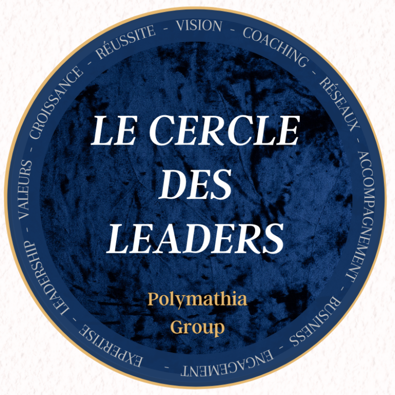 Logo du Cercle des Leaders avec texte en blanc sur fond bleu.