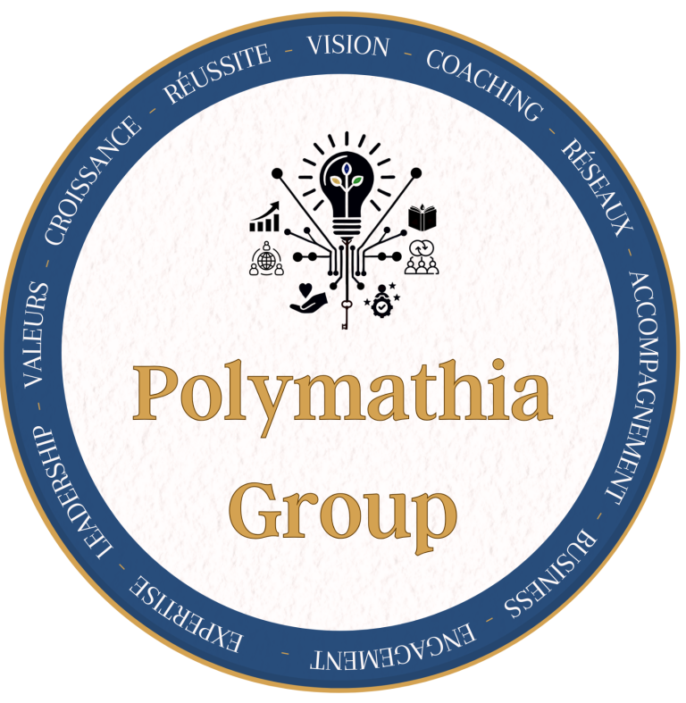 Logo de Polymathia Group avec des icônes représentant l'innovation et le coaching.