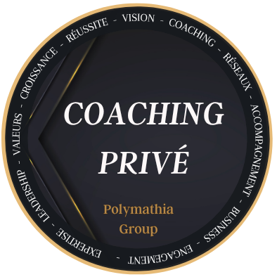 Polymathia Group - Coaching Privé Logo de Coaching Privé, Polymathia Group , avec texte sur fond noir, entouré de mots-clés liés au coaching.