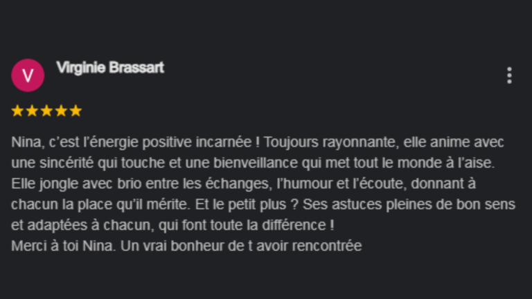 Évaluation de Virginie Brassart, soulignant l'énergie positive de Nikolina Popovski et son approche personnalisée lors des After des Leader.