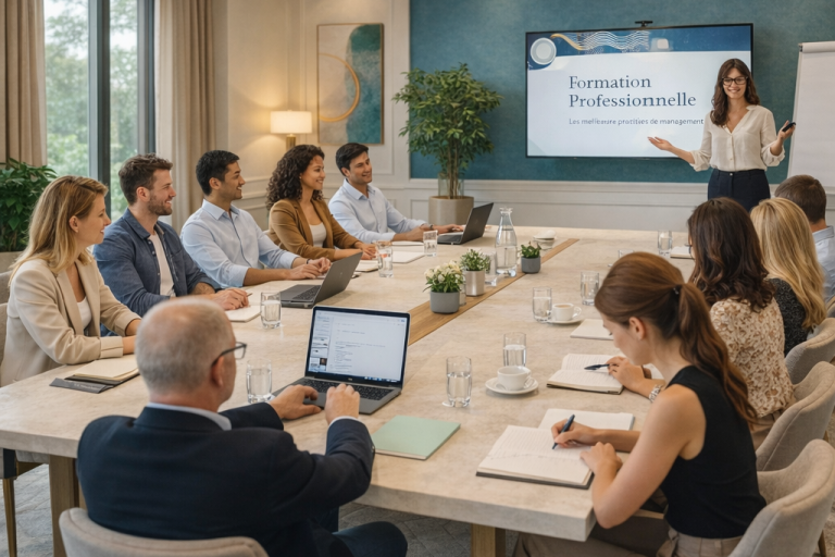 Formation en cours avec plusieurs participants autour d'une table dans un bureau moderne.
