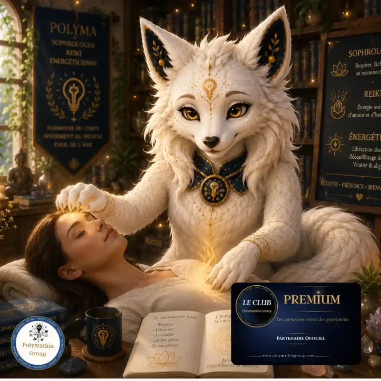 Polyma, mascotte Polymathia Group, sophrologue énergéticienne en train de faire un soin à une femme allongée