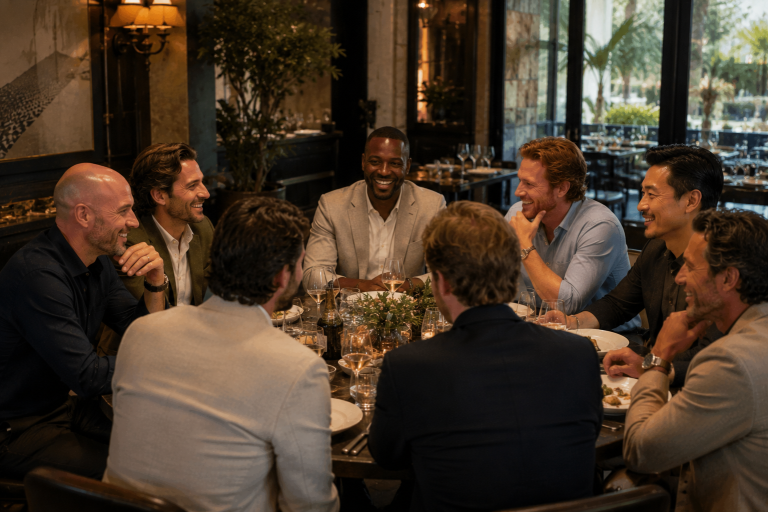 Groupe d'hommes assis autour d'une table, riant et discutant dans un restaurant.