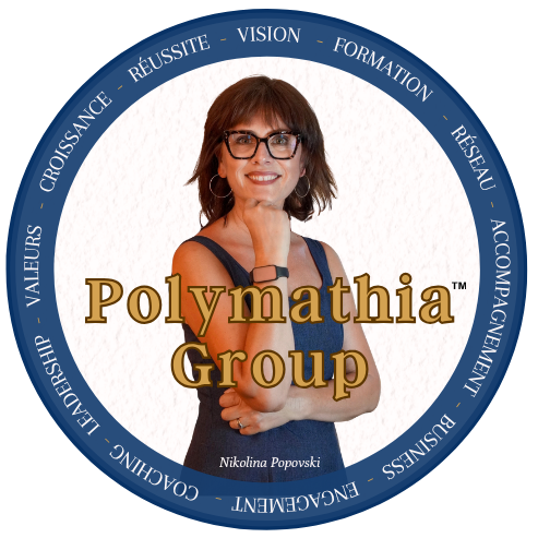 Logo Polymathia Group - Nikolina Popovski Logo Polymathia Group avec Nikolina Popovski - Femme souriante entourée de mots inspirants - Réseau, Formation, Réussite, Croissance, Vision
