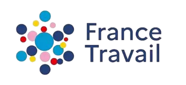 Logo de France Travail avec des cercles colorés en arrière-plan.