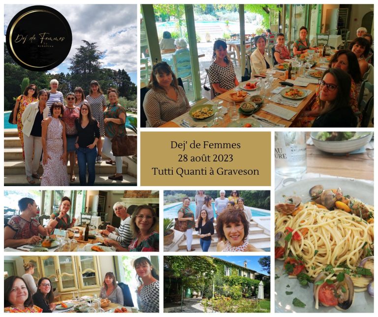 Groupe de femmes réunies autour d'une table lors d'un événement festif en plein air avec piscine