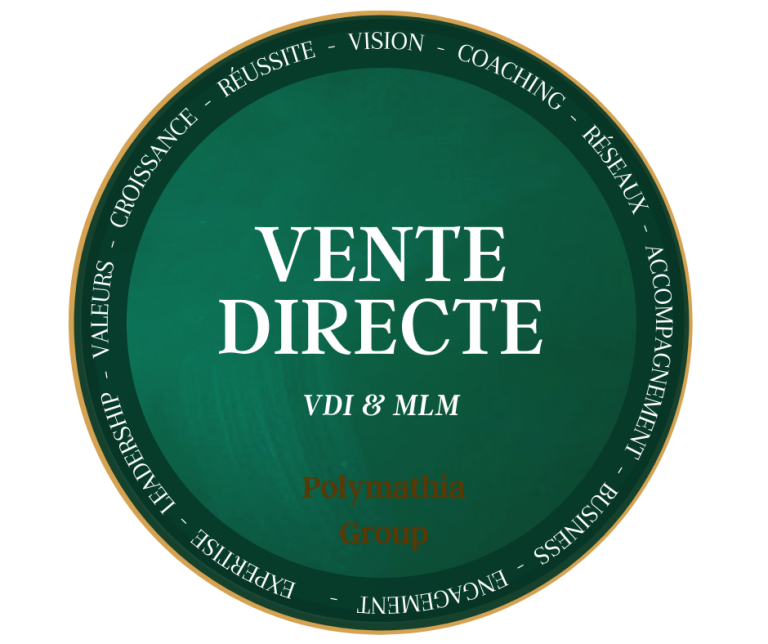 Logo avec les mots "VDI & MLM" et un fond vert émeraude entouré de texte.
