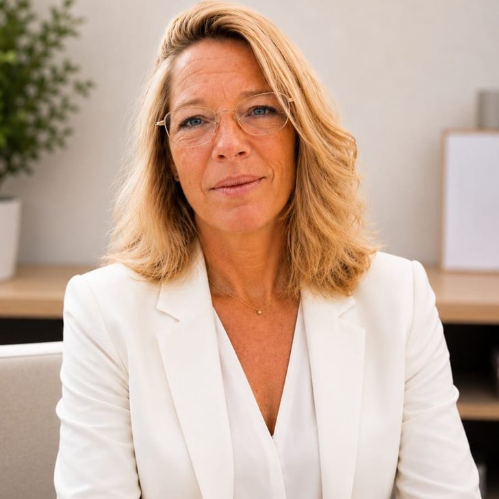 Valérie Castilla souriante avec un foulard blanc, posant avec les mains croisées.
