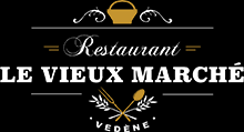 Logo Restaurant Le Vieux Marché Vedène Logo du restaurant "Vieux Marché" à Vedène, avec des ustensiles de cuisine stylisés.