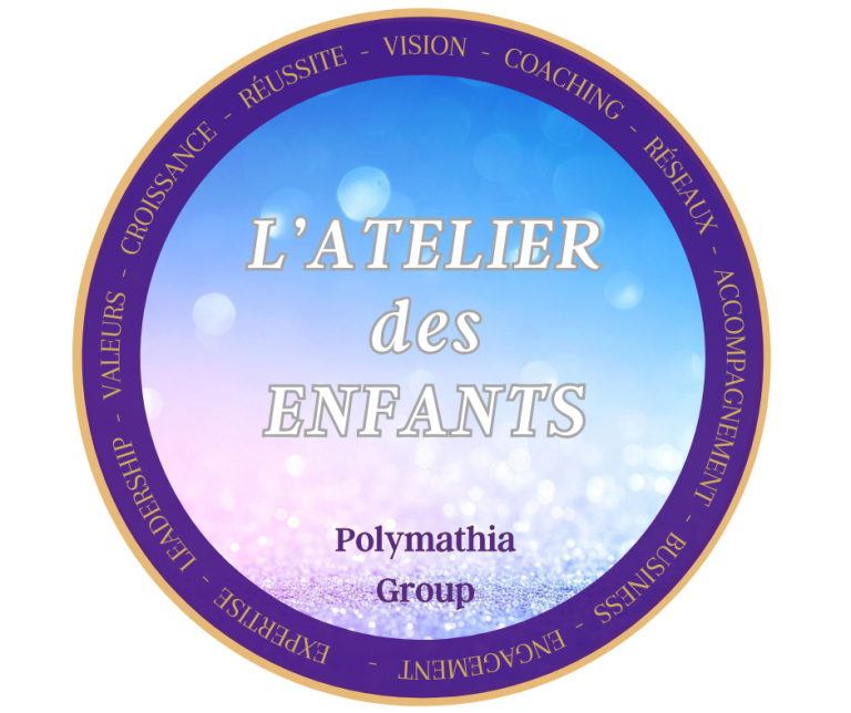 Logo de l'Atelier des Enfants, avec un fond dégradé et des mots clés autour.