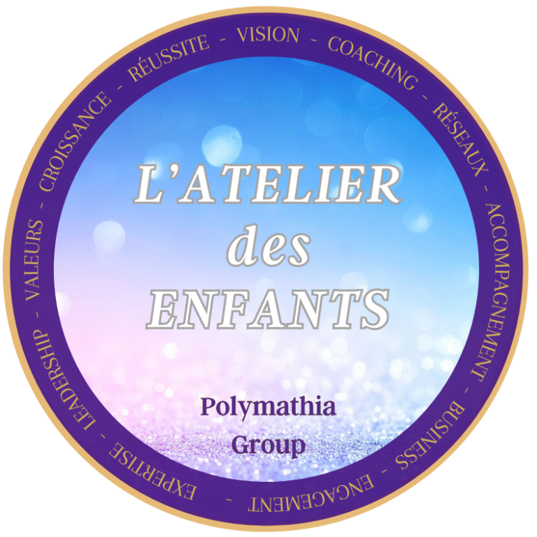 Logo de L'Atelier des Enfants, Polymathia Group, avec un design coloré et texturé.