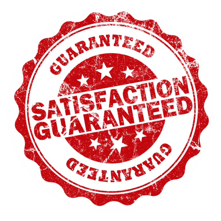 Tampon rouge indiquant "Satisfaction garantie" avec des étoiles et le mot "garanti".