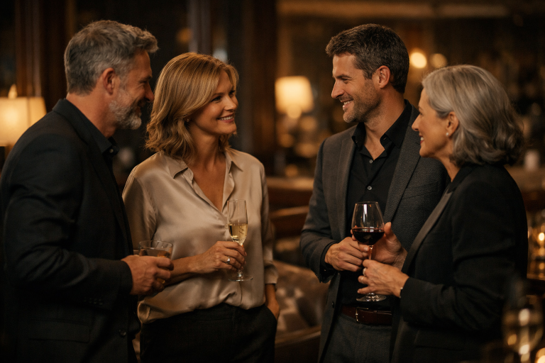 Networking by Nikolina Quatre personnes souriantes discutent autour de verres à une réception élégante.