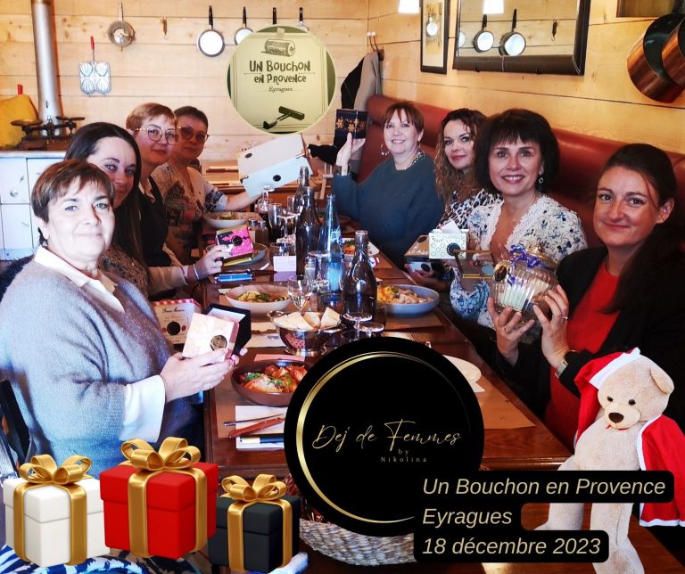 Groupe de femmes souriantes autour d'une table avec des cadeaux et un ours en peluche.
