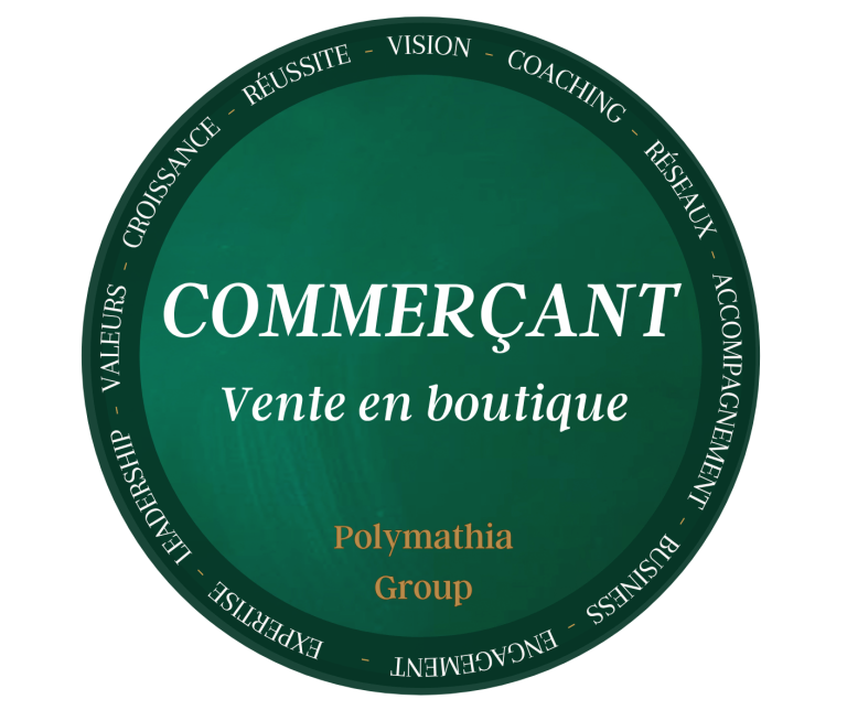 Logo coloré avec le mot "Commerçants" et la mention "Vente en boutique".