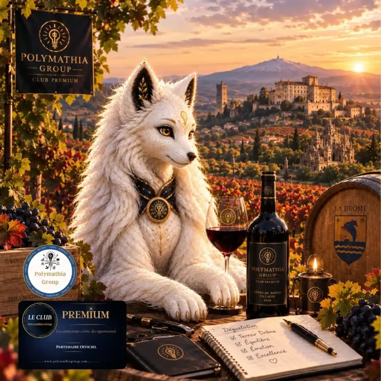 Polyma, mascotte Polymathia Group, vous en dit plus sur nos partenaires Polyma, mascotte Polymathia Group, en Sommelier dans les vignes avec en arrière plan le mont Ventoux
