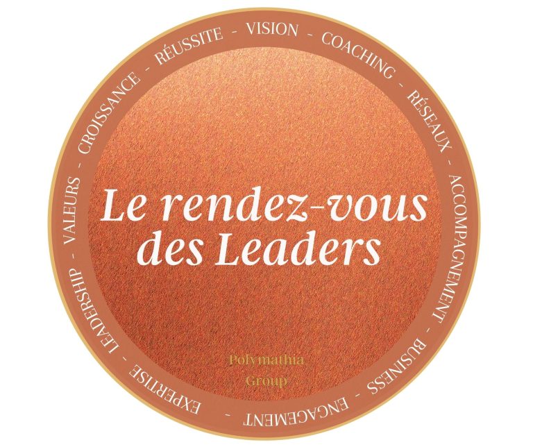 Logo rond avec "Le rendez-vous des Leaders" en lettres blanches sur fond cuivré.