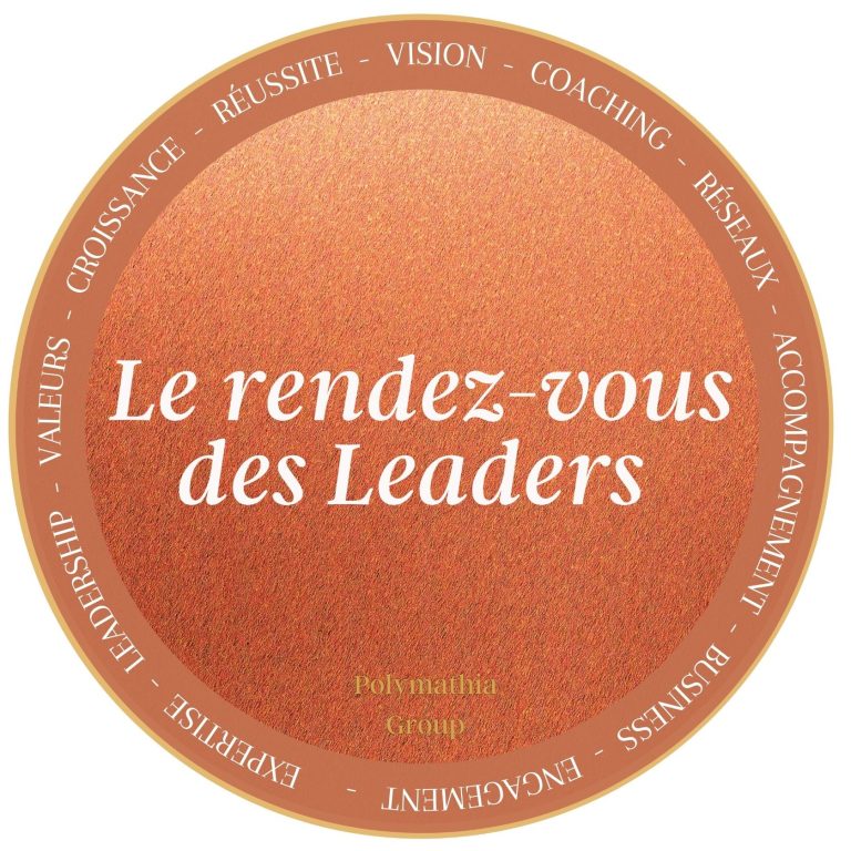 Polymathia Group - Le Rendez-vous des Leaders Logo rond avec le texte "Le rendez-vous des Leaders" Polymathia Group et des mots-clés autour. Atelier de coaching groupé
