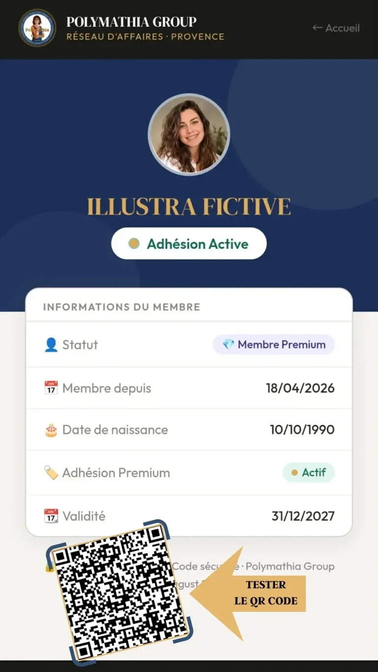 Application Polymathia Group page de scan Exemple de page sur l'application Polymathia Group avec une photo de femme IA pour photo de profil, nom Illustra Fictive et renseignements