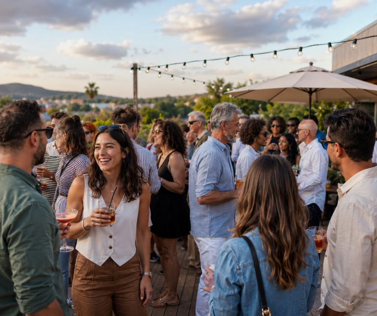 Groupe de personnes profitant d'une fête en plein air sur une terrasse, avec des boissons.